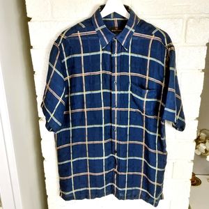 Bugatchi Button Down Shirt 100% Linen Blue Plaid Short Sleeve Men's Medium